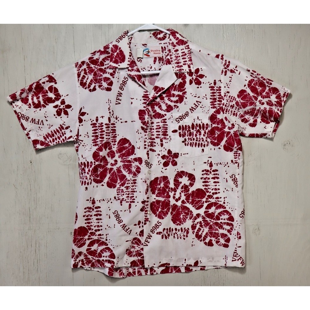 Vintage Shoreline Hawaii VFW 8985 Button Front Shirt Size M Red White Floral